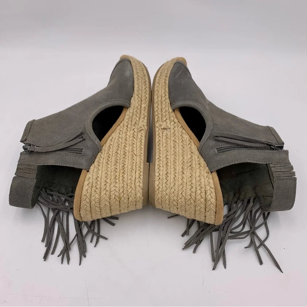 Minnetonka Blaire Wedge‎ Sandals Women Sz 10 Gray Suede Fringe Zip Festival Boho